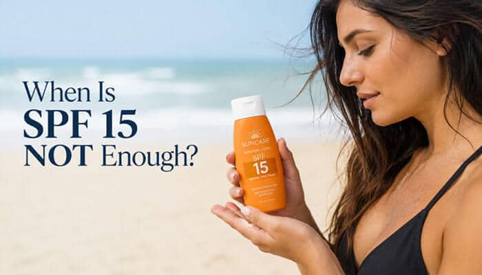 When Is SPF 15 NOT Enough? - Fashion In Beauty - Fashion in Beauty Is SPF 15 Enough for beach sun exposure? Woman holding SPF 15 sunscreen while learning why SPF 30 or SPF 50 offers stronger UV protection.