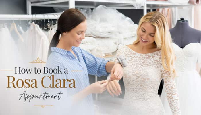 How to Book a Rosa Clara Appointment - Fashion In Braeuty - Fashion in Beauty Rosa Clara Wedding Dresses consultation with a bridal stylist, showcasing a bride trying on a lace gown during a personalized appointment experience.