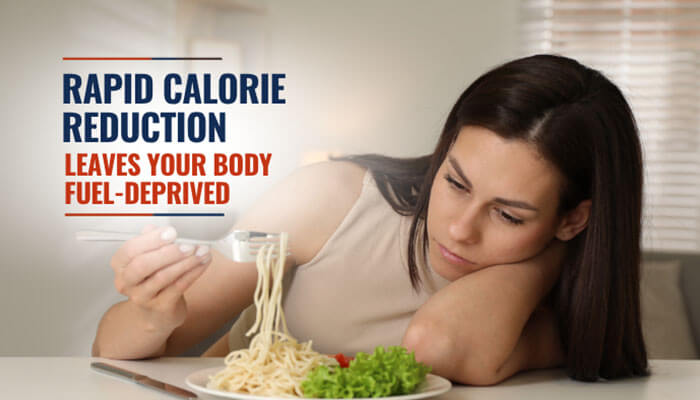 Rapid Calorie Reduction Leaves Your Body Fuel-Deprived - Fashion In Beauty - Fashion in Beauty Does Semaglutide Make You Tired: realistic visual explaining how rapid calorie reduction and reduced appetite during semaglutide or GLP-1 treatment can lead to low energy levels, fuel deprivation, and fatigue, shown through a woman eating a small meal while appearing tired, highlighting metabolic adaptation and temporary exhaustion commonly reported in early weight-loss therapy stages.