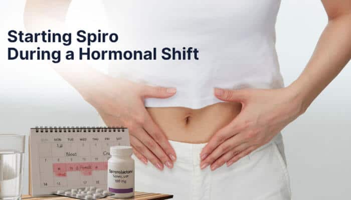 Starting Spiro During a Hormonal Shift - Fashion In Beauty - Fashion in Beauty Does Spironolactone Cause Weight Gain – clinical lifestyle image showing a woman holding her lower abdomen during a hormonal shift while starting spironolactone, with a menstrual calendar and medication bottle in the background, highlighting concerns about temporary bloating, water retention, and cycle-related weight fluctuations in early Spiro use.