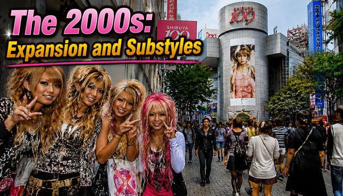 The 2000s Expansion and Substyles - Fashion In Beauty - Fashion in Beauty Gyaru Meaning – depiction of 2000s Japanese gyaru fashion expansion in Shibuya district, showing group of styled gyaru girls in bold street fashion in front of Shibuya 109, representing the rise of multiple gyaru substyles and the peak of Tokyo youth fashion culture during the early 21st century.