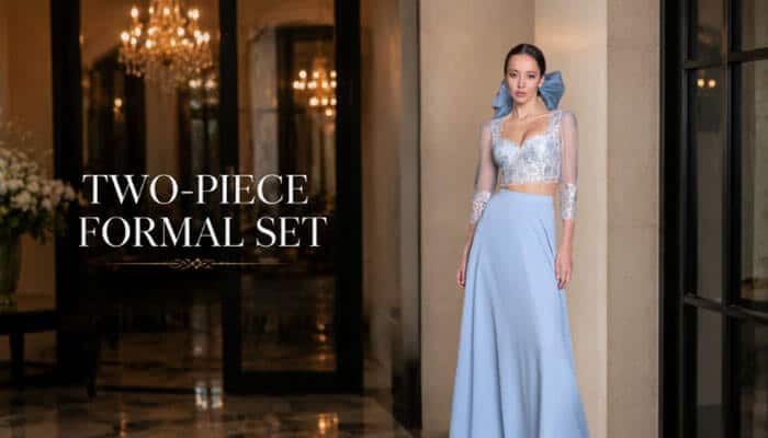 Two-Piece Formal Set - Fashion In beauty - Fashion in Beauty Elegant two-piece formal set for special occasions: What to Wear to a Quinceanera as a Guest featuring chic crop top with lace details and flowing skirt, perfect for a sophisticated guest look.