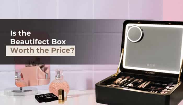 Is the Beautifect Box Worth the Price - fashion In Beauty - Fashion in Beauty Beautifect Box open in a premium beauty setup featuring a built-in LED-lit mirror, organized makeup tools, and a sleek travel case design, illustrating a detailed review context on whether the Beautifect Box justifies its price through its lighting quality, storage efficiency, and professional makeup usability.
