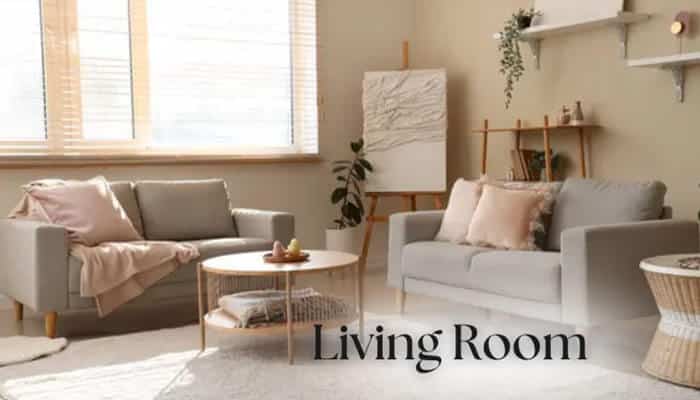 Living Room - Fashion In Beauty - Fashion in Beauty French Farmhouse Style living room with neutral sofas, natural wood furniture, soft linen textures, warm lighting, indoor plants, and elegant rustic European countryside décor.