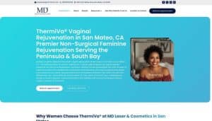 MD Laser and Cosmetics - Fashion in beauty - Fashion in Beauty Hero banner advertising ThermiVa vaginal rejuvenation in San Mateo, CA, with a smiling woman portrait on the right and booking call-to-action buttons.