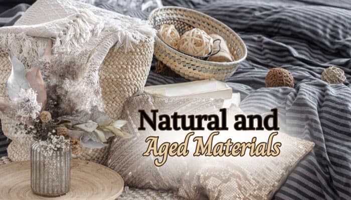 Natural and Aged Materials - Fashion In Beauty - Fashion in Beauty French Farmhouse Style décor featuring natural and aged materials, textured linen fabrics, woven baskets, rustic wood accents, dried flowers, and vintage-inspired neutral home accessories.
