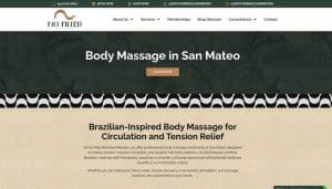 No Filter Brazilian Medspa - Fashion in beauty - Fashion in Beauty Hero header for No Filter Brazilian Medspa:'Body Massage in San Mateo' with a 'Book Now' button, dark botanical background, and a beige info section about Brazilian-inspired massage for circulation and tension relief.