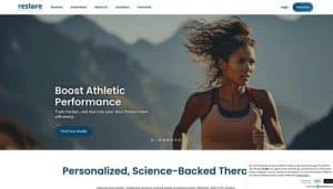 Restore Hyper Wellness - Fashion in beauty - Fashion in Beauty Athletic woman running outdoors with wind in her hair, mountain backdrop, hero banner text'Boost Athletic Performance'.