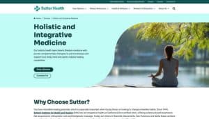 Sutter Health - Fashion in beauty - Fashion in Beauty Header banner for Sutter Health's Holistic and Integrative Medicine page featuring a person meditating by a lake on a teal background.