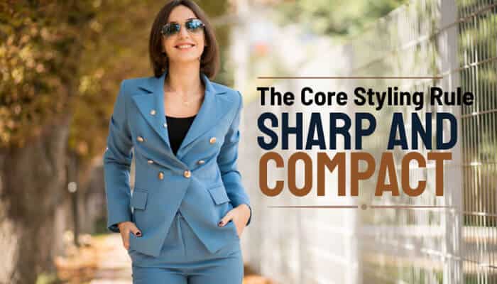 The Core Styling Rule Sharp and Compact - Fashion In Beauty - Fashion in Beauty Flamboyant Gamine Body Type fashion inspiration featuring a sharp and compact styling rule with a structured blue suit, tailored silhouette, and bold Kibbe-inspired outfit design