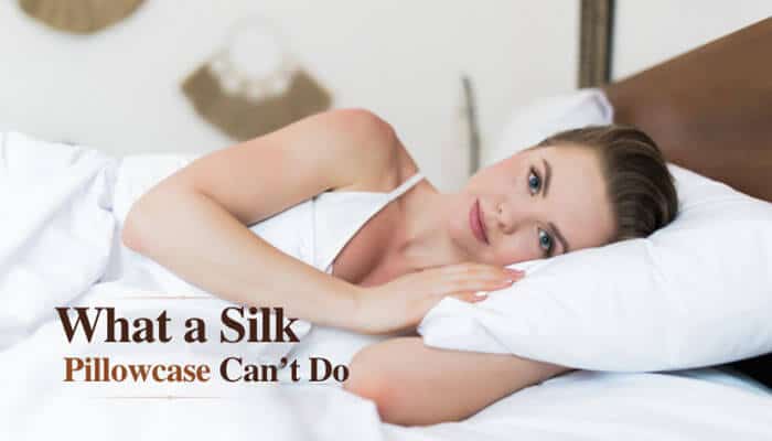 What a Silk Pillowcase Cant Do - Fashion In Beauty - Fashion in Beauty Do Silk Pillowcases Really Help with Acne – informational lifestyle image showing a woman resting on a bed beside text highlighting “What a Silk Pillowcase Can’t Do,” visually reinforcing dermatology-backed insights that silk pillowcases cannot treat acne, unclog pores, or address hormonal and bacterial causes, and only provide limited support by reducing friction and skin irritation during sleep.