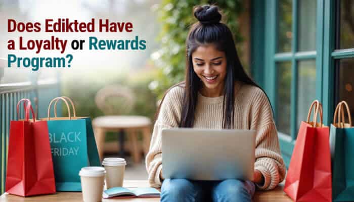 Does Edikted Have a Loyalty or Rewards Program - Fashion In Beauty - Fashion in Beauty Edikted Discount Codes and rewards guide showing a shopper using a laptop beside shopping bags, representing loyalty perks, promotional offers, and fashion savings.