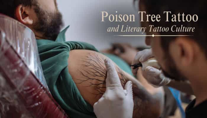 Poison Tree Tattoo and Literary Tattoo Culture - Fashion In Beauty - Fashion in Beauty Poison Tree Tattoo with branching black-ink roots being created on the upper arm, reflecting William Blake’s literary themes of hidden anger, resentment, and emotional consequences.