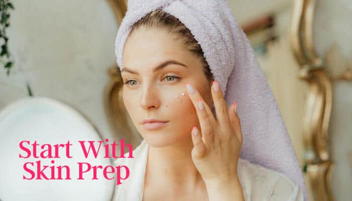 Start With Skin Prep - Fashion In Beauty - Fashion in Beauty Strawberry Makeup skin prep routine featuring a model applying skincare to achieve hydrated, dewy skin, creating the perfect glowing base for a natural rosy makeup look.