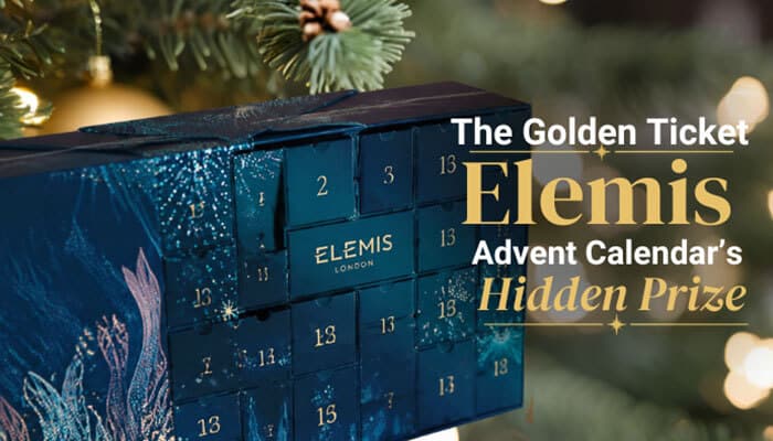 The Golden Ticket Elemis Advent Calendars Hidden Prize - Fashion In Beauty - Fashion in Beauty Elemis Advent Calendar in a festive dark-blue keepsake box highlighting the Golden Ticket hidden-prize promotion for luxury skincare fans.