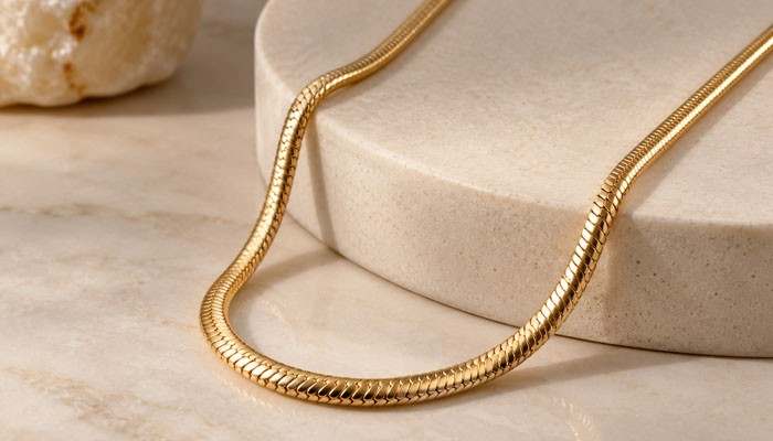 Snake Chain Link - Fashion In Beauty - Fashion in Beauty Types of Chain Links featuring a gold snake chain design with smooth flexible interlocking links, showcasing elegant jewelry craftsmanship, polished texture, and modern necklace styling