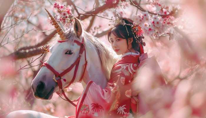 Traditional Japanese Names for Girls - Fashion In Beauty - Fashion in Beauty Japanese Names for Girls inspired by tradition and nature, featuring a young woman in an elegant red kimono beside a white horse under pink cherry blossoms.