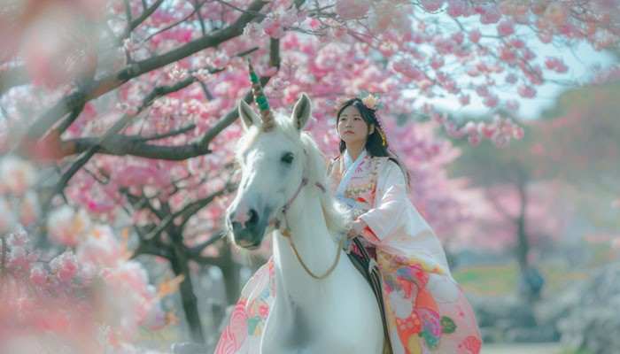 Elegant Japanese Names for Girls With Strong Meanings - Fashion In Beauty - Fashion in Beauty Japanese Names for Girls inspired by nature, featuring a young woman in a floral kimono riding a white horse beneath beautiful pink cherry blossoms.