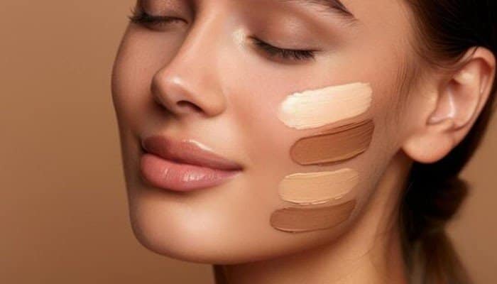 How to Choose a Fenty Beauty Foundation - Fashion In Beauty - Fashion in Beauty Fenty Beauty foundation shade swatches in light, medium, tan, and deep tones applied to a woman’s cheek, illustrating how different shades and undertones can be compared for a closer skin match.