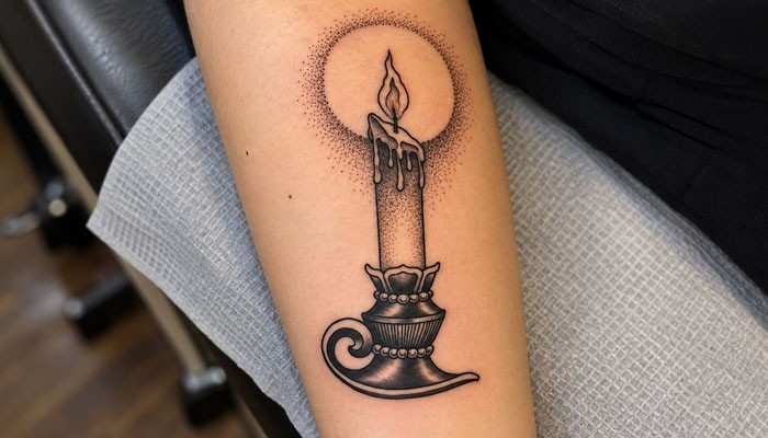 Memorial Candle Tattoo - Fashion In Beauty - Fashion in Beauty Memorial Tattoo Ideas featuring a detailed black-and-grey candle tattoo with a glowing flame and dotwork halo, symbolizing remembrance, hope, and eternal love.